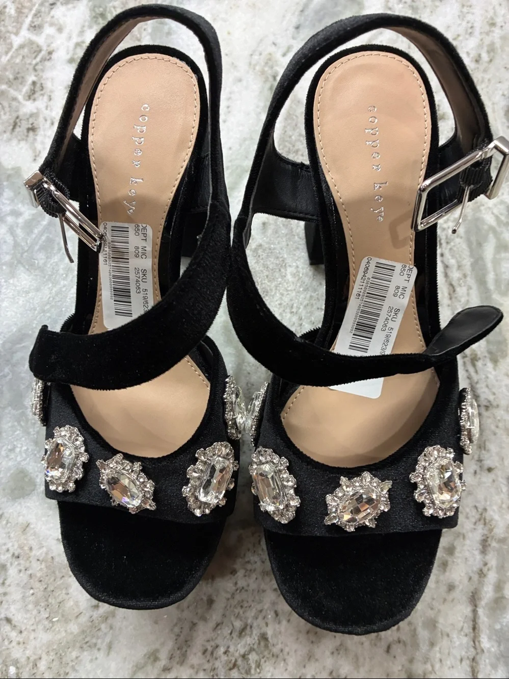 Copper Key Black Velvet Platform Jewel-Embellished Sandals